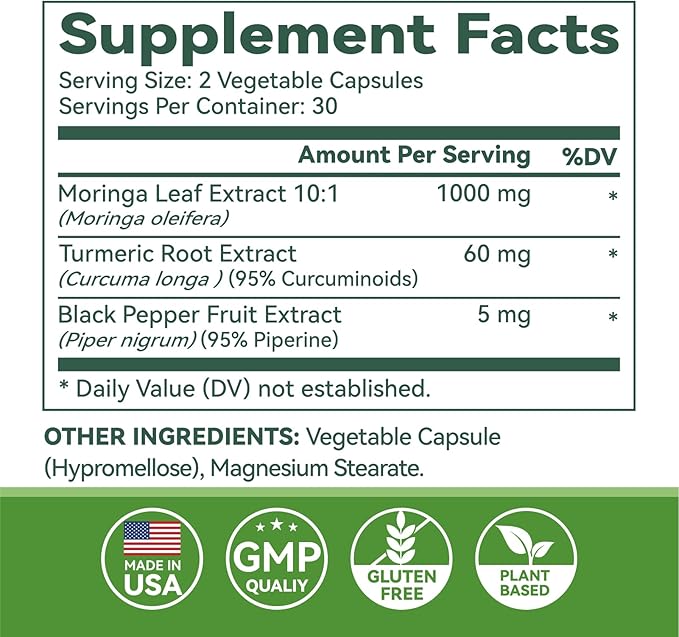 Moringa Capsules 1000mg, Moringa Leaf Extract 10:1, Energy, Sleep, Immune & Gut Health, Veg Capsules 60 Count, All-Natural, Non-GMO, Made in The USA