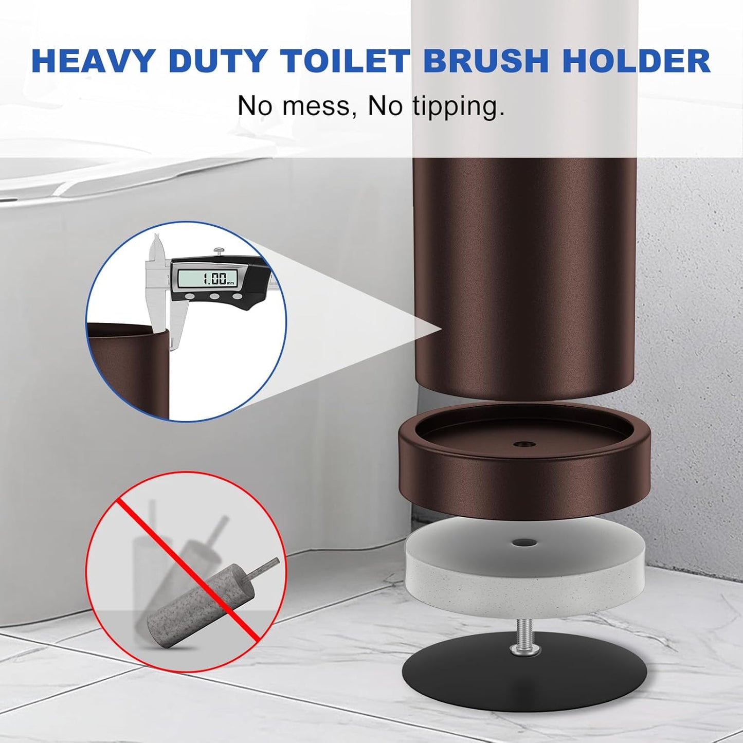 Toilet Brush and Holder Set: 304 Stainless Steel Heavy Duty Toilet Bowl Brush and Holder with Removable Inner Bowl and Splash Protection, Modern Long Handle Bathroom Cleaning Tool