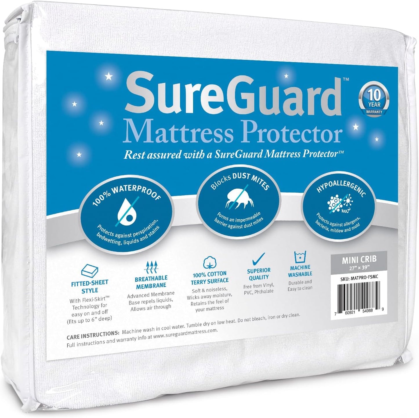 SureGuard Mini Crib Mattress Protector - 100% Waterproof, Hypoallergenic - Premium Fitted Cotton Terry Cover for Portable Pack n Play