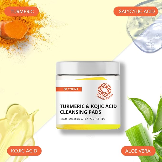 Turmeric Kojic Cleansing Pads: Face Exfoliating Pads for Acne Scars Skin Fades Skin Firming - Cleaning Pad with Turmeric and Kojic - Deep Clean Pores 50PCS