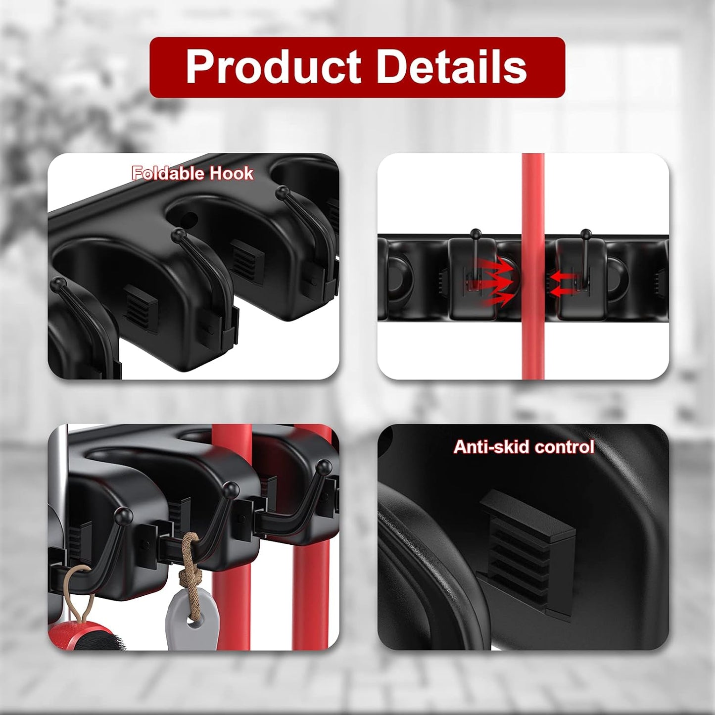 LETMY Broom Holder Wall Mount - Mop and Broom Hanger Holder - Garage Storage Rack & Garden Tool Organizer - 5 Position 6 Hooks Broom Rack for Home, kitchen, Garden, Tools, Garage Organization - Black