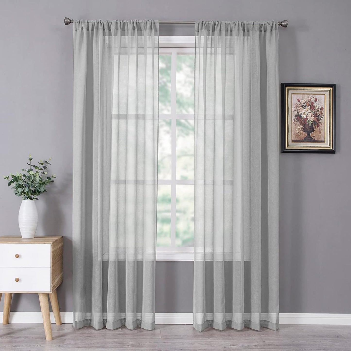 Tollpiz Sheer Curtains Linen Textured Bedroom Curtain Sheers Light Filtering Rod Pocket Voile Curtains for Living Room, 54 x 84 inches Long, Silver Grey, Set of 2 Panels