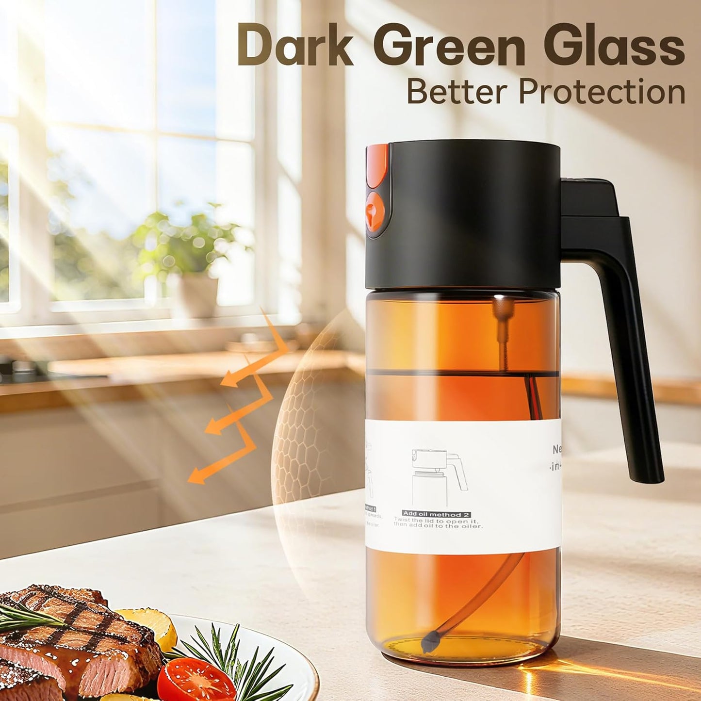 Upgrade 2 in 1 Oil Sprayer for Cooking, 17oz Light-Blocking Glass Olive Oil Dispenser Bottle for Kitchen,Food-Grade Oil Mister with 8 Stickers for Salad, Frying (Brown Bottle-Black Cap)