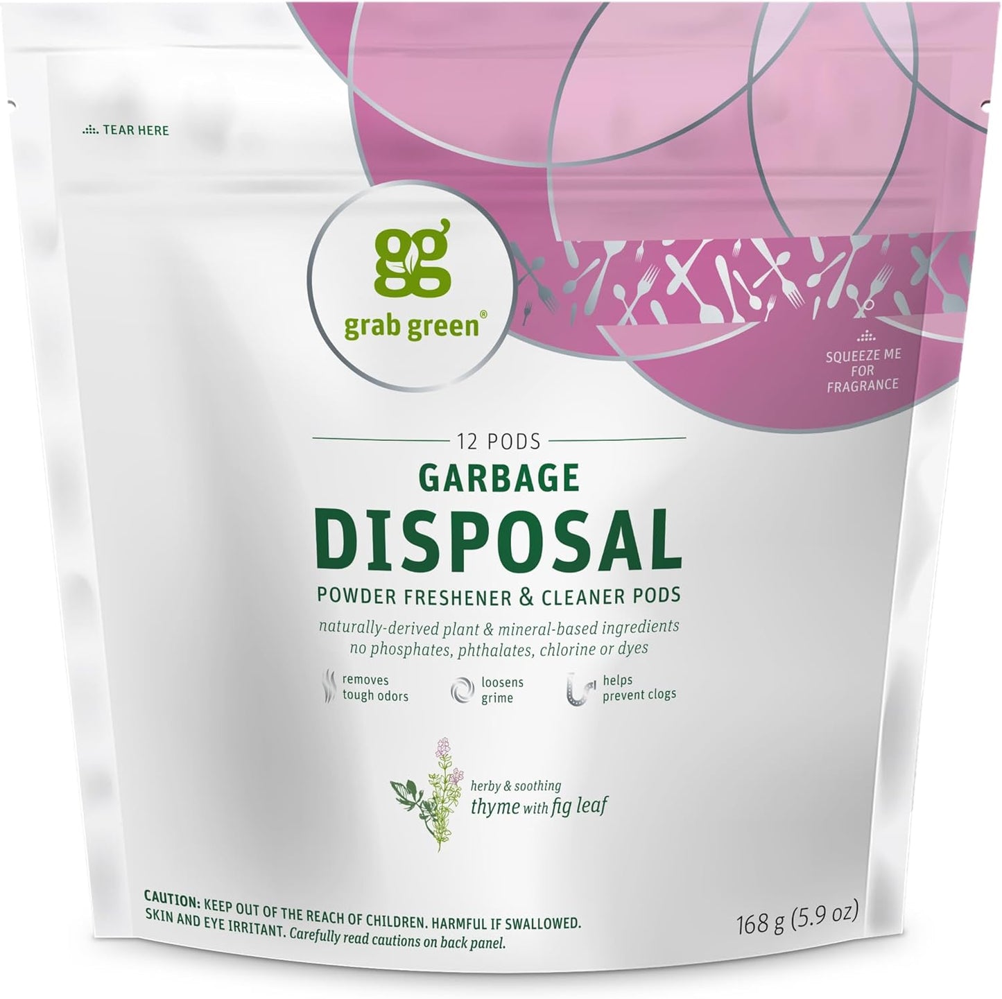 Grab Green Garbage Disposal Freshener and Cleaner Pods, 12 Count, Thyme with Fig Leaf Scent, Plant and Mineral Based, Removes Odors, Loosens Grime, Prevents Clogging