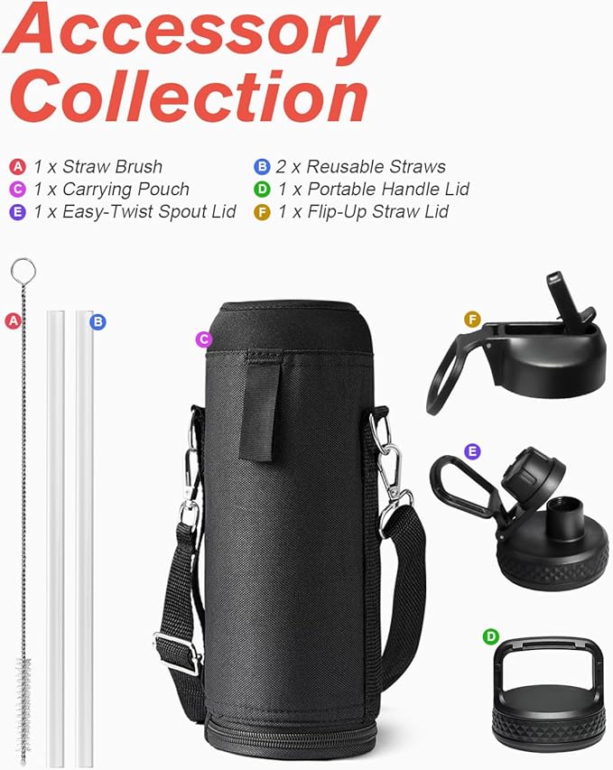 Water Bottle 40 oz Insulated with Straw&Brush, Coolflask Vaccum Stainless Steel Metal 3 Lids Water Flask for Sports, Gym or Office, Keep Cold 48H Hot 24H, Piano Night