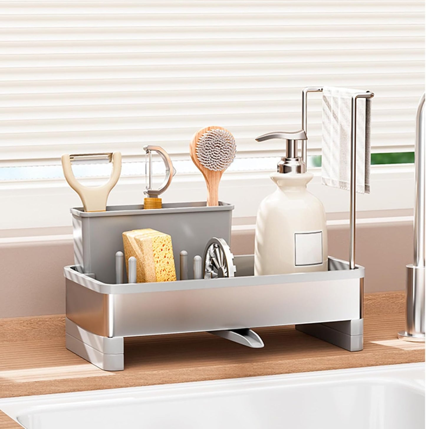 Sponge Holder for Kitchen Sink,Sink Caddy Organizer with Removable Brush Holder,Kitchen Countertop Soap Dispenser Storage with Detachable Towel Rack, Grey