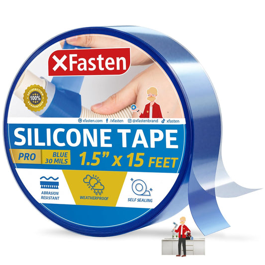XFasten Self-fusing Silicone Tape Pro, Blue, 1.5-Inch x 15-Feet, 30 mils Extreme Silicone Pipe Fix Tape for Leak Drain Pipes, Tool Grip, Electrical Tape for High Heat Radiator Hose and Plumbing