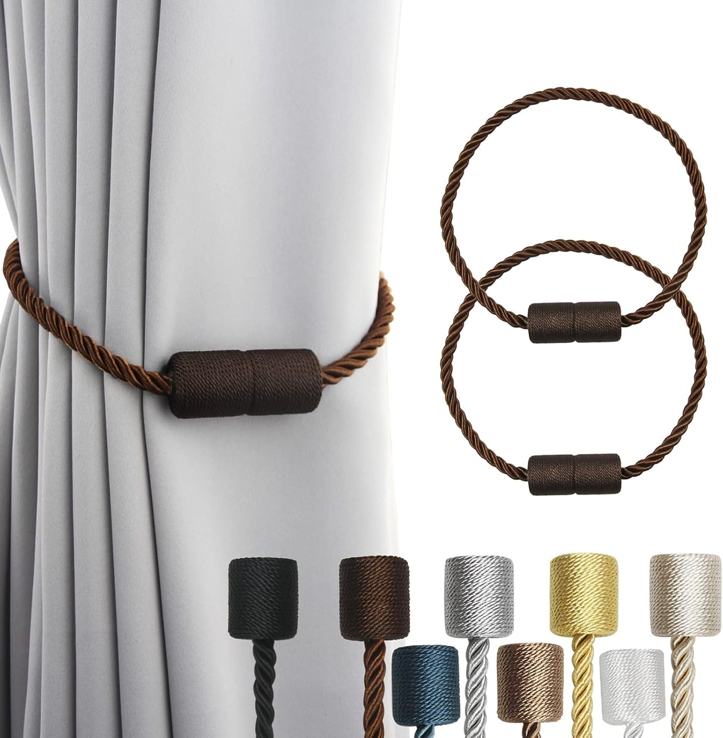 2 Pack Strong Magnetic Curtain Tiebacks Outdoor Elegant Decorative Tie Backs Modern Rope Tiebacks for Drapes Window Curtain Holdbacks for Draperies- Coffee