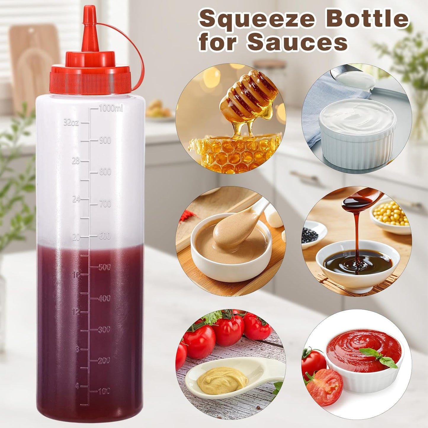 Condiment Squeeze Bottles Ketchup Dispenser, 2 Pack 32oz Squeeze Bottles for Liquids, Plastic Sauce Bottle with Cap Lid, Squirt Bottles for Sauces Liquids BBQ Dressing Pancake Art