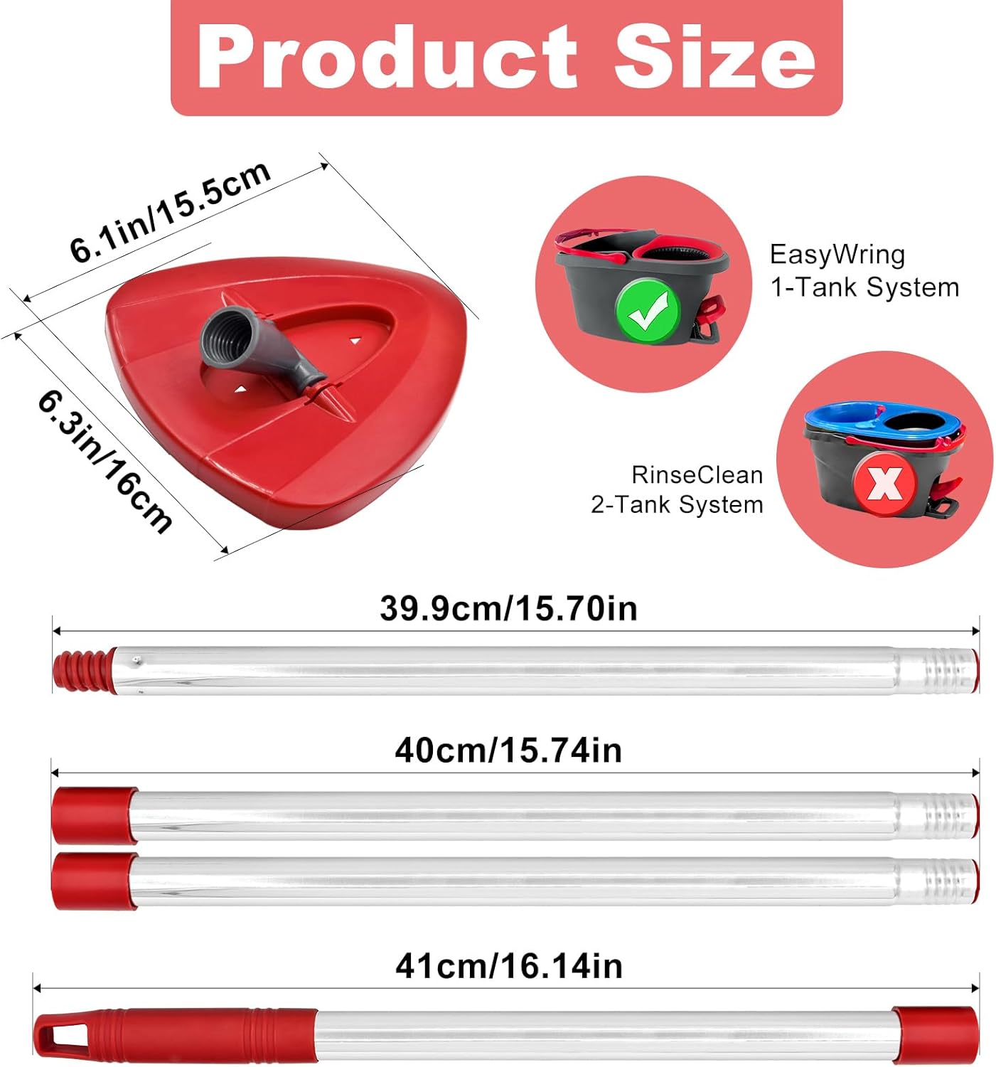 Mop Handle for O Cedar,2 Spin Mop Base for Ocedar, Mop Stick Pole Handle Adjustable 30-58" and Replacement Mop Base Part for EasyWring Spin Mop, Lightweight & Durable