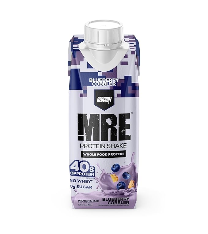 REDCON1 MRE Ready to Drink Protein Shakes, Blueberry Cobbler - Lactose + Whey Free RTD Protein Made with Real Whole Food Protein Blends - Keto-Friendly and Easy to Digest Nutritional Shake (12 Pack)