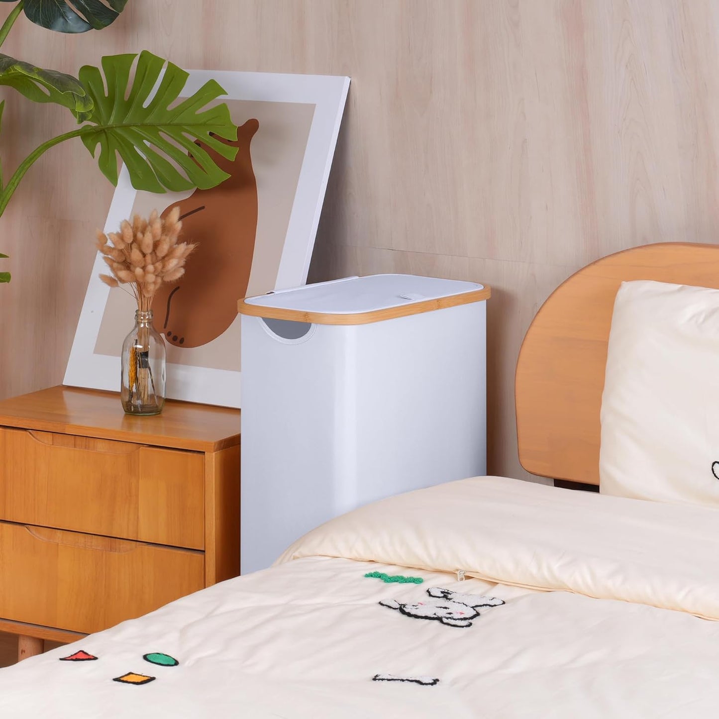 Slim Laundry Basket with Wheels,Narrow Hampers for Laundry,Freestanding Laundry Hamper with Lid&Bamboo Handles,Collapsible & Waterproof Tall Cloth Hamper for Dorm Family(60L White)