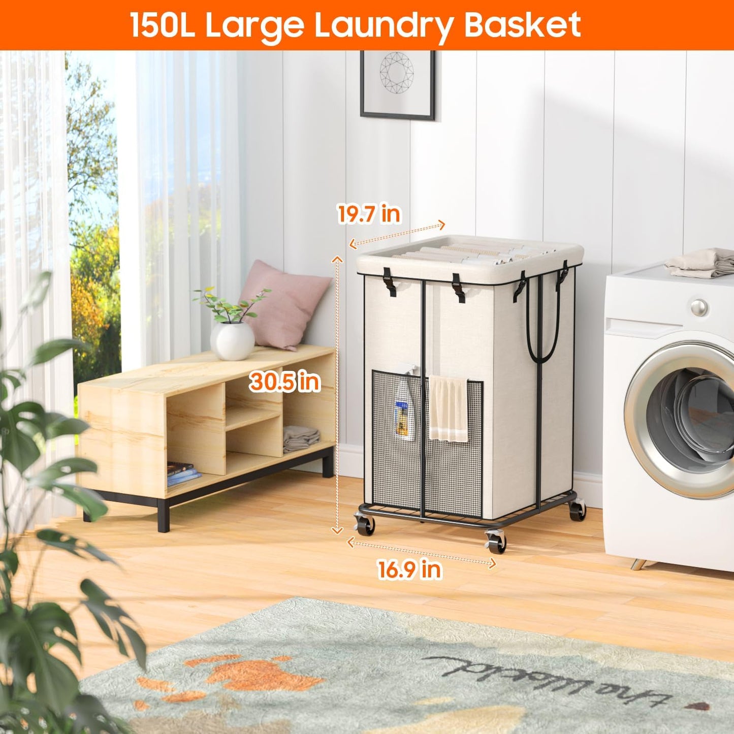 150L Laundry Hamper with Wheels, Rolling Laundry Basket with Metal Frame and Removable Bag, Large & Tall Dirty Clothes Hampers for Bedroom Aesthetic, Laundry Room, Bathroom, Dorm-White