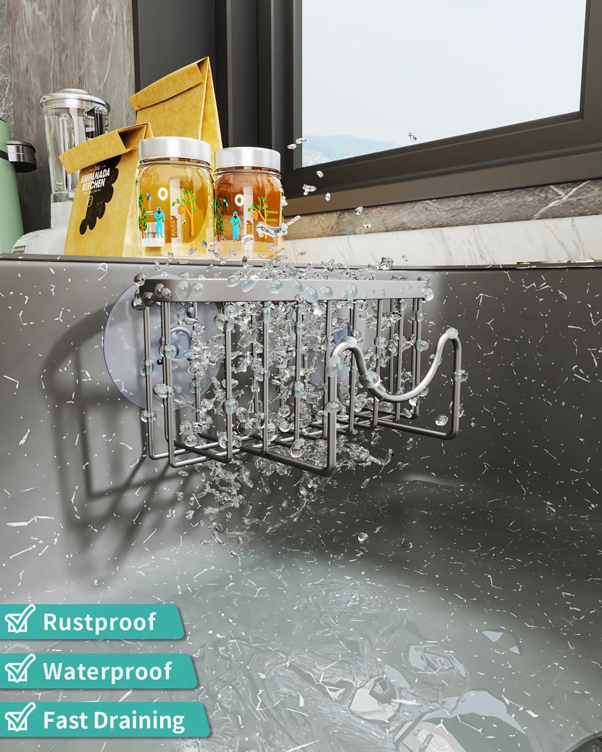 HapiRm Multifunctional Kitchen Sponge Holder with Unique M-Shaped, 2 Installation Ways Sink Caddy, Stainless Steel Kitchen Organizer for Sponge, Brush, Sink Stopper and Scraper -Brushed Nickel