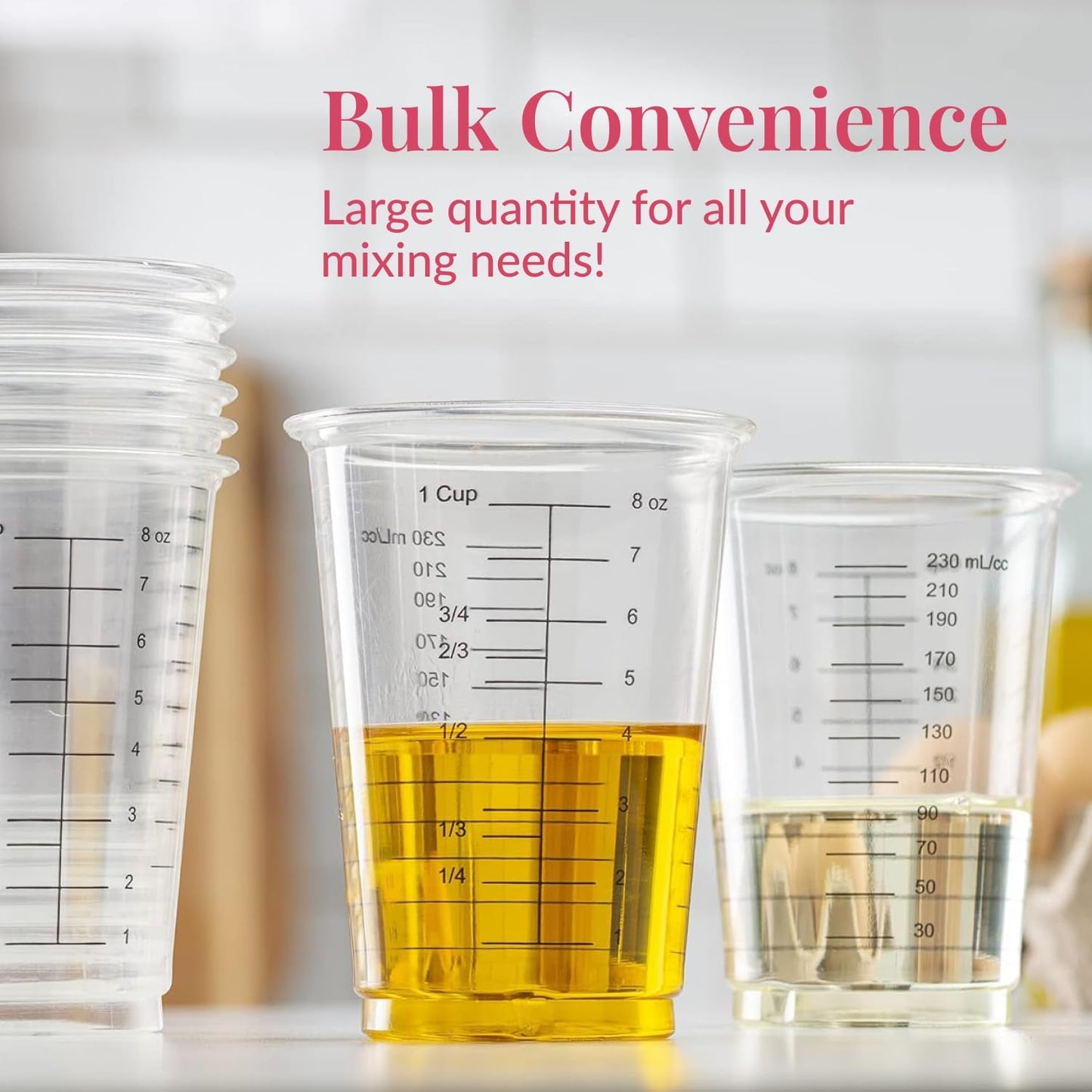 Prestee 50 Disposable Measuring Cups 8 oz - Plastic Paint Measuring Cups and Disposable Mixing Cups for Epoxy Resin - Versatile, Clear Measurement for Wet and Dry Ingredients for Baking and Crafting