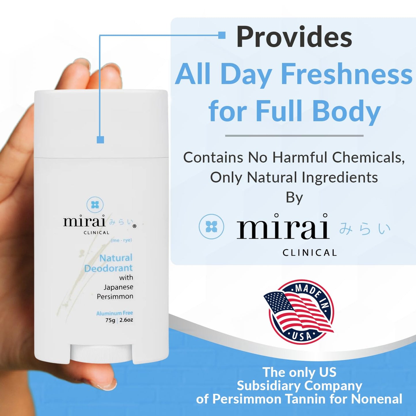 Mirai Clinical - All Natural Deodorant for Women and Men - w/Japanese Persimmon Extract - Full-Body Use - Aluminum, Fragrance, Paraben Free - Vegan - Helps to Eliminate Nonenal Odor - Unscented - 75g