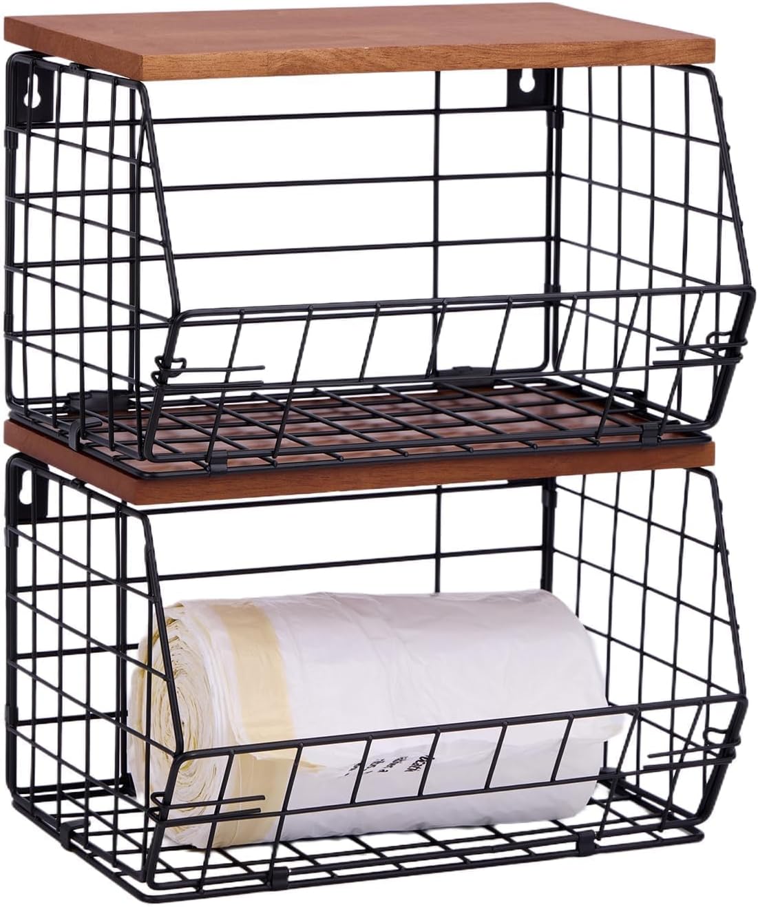 2 Pack XL Trash Bag Holder, Stackable Garbage Bag Dispenser with Wood Lid for Kitchen Countertop Pantry, Laundry & Under Sink Organization Storage