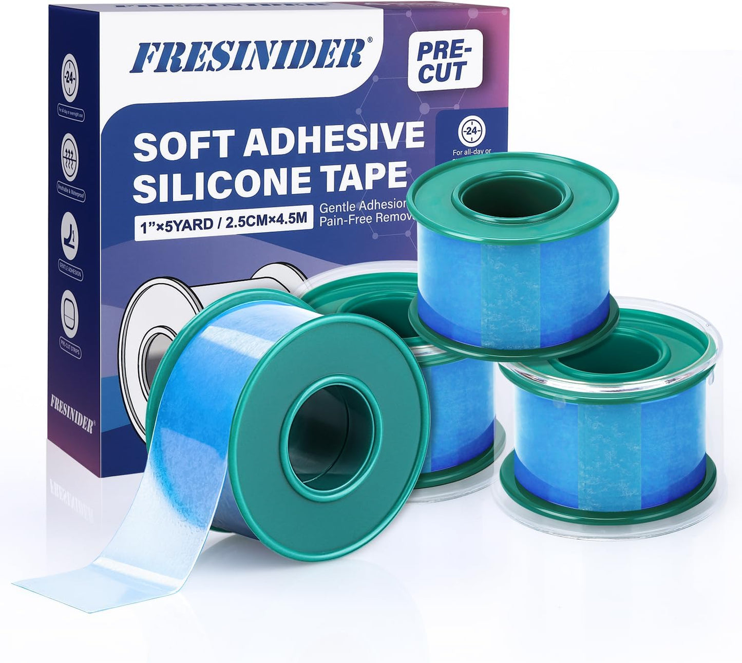 FRESINIDER Silicone Medical Tape – 1" x 5 Yard Blue 4 Rolls, Pre-Cut, Waterproof & Repositionable, Pain-Free Removal, Hypoallergenic Adhesive for Sensitive Skin, Wound Care & First Aid Use
