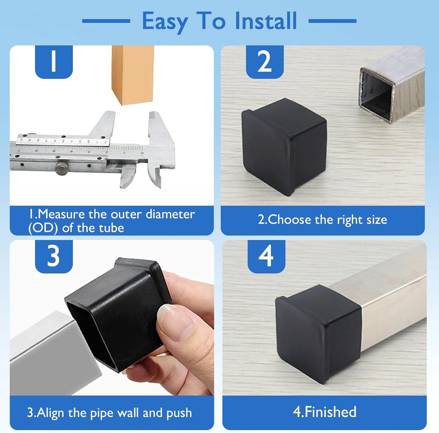 4 Pcs 4" x 4" Square Rubber Chair Leg Caps, PVC Table Leg Covers, Flexible & Anti-Slip Furniture Leg End Caps, Chair Leg Floor Protectors for Bar Stool Leg Patio Indoor, Black