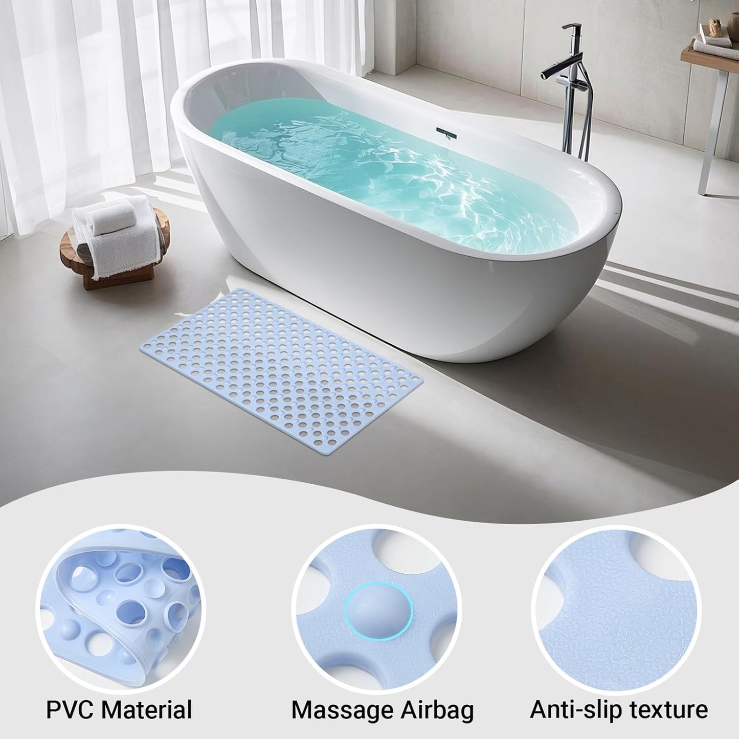 Non Slip Bathtub Mat and Shower Mat 31x17 inch,Bath Mat with Quick Dry Drain Holes and Suction Cups, Soft Comfortable Safe Bathroom Mat for Bath Tub, Floor, Tile (Light Blue)