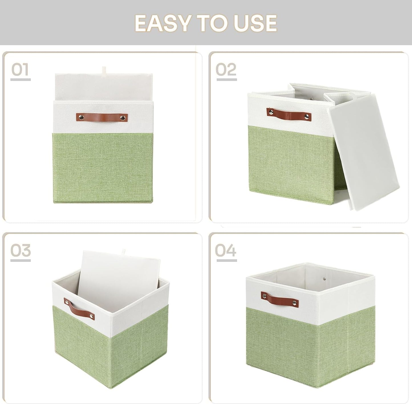 HNZIGE Fabric Cube Storage Bins 13x13 Set of 4 Canvas Storage Baskets for Shelves Collapsible Storage Bins for Organizing Clothes Closet Toy Nursery Cubby(Green&White)