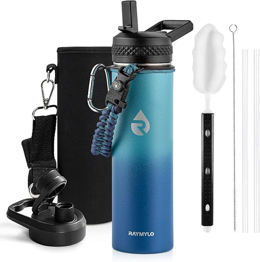 Insulated Water Bottle 20 oz, Triple Wall Vacuum Stainless Steel (Cold for 48 Hrs), Leak Proof & Non-BPA, Kids Water Bottle Jug for School with Straw Spout Lids, Cyan Blue
