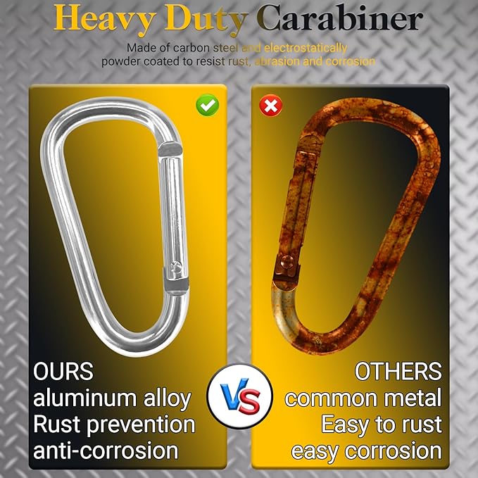 Heavy Duty Aluminum D Carabiner Clips & Key Rings, Black & Sliver Corrosion Resistant Keychain for Keys, Outdoor Sports, Hiking, Camping, Fishing & Hanging Gear