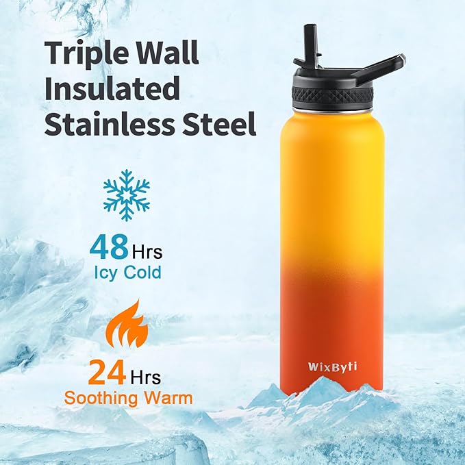 40 oz Insulated Water Bottle with Straw (Cold for 48 Hrs), Stainless Steel Triple Wall Vacuum Sports Water Jug, Leakproof Hydro Cup Flask with Paracord Handle & Straw Spout Lids & DIY Stickers