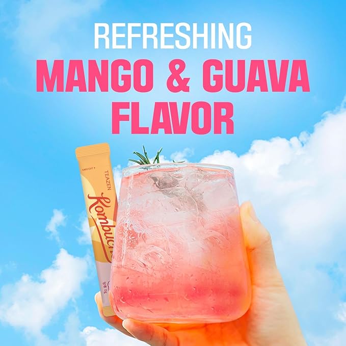 TEAZEN Mango Guava Kombucha Tea, Hydration Drink Mix, Sugar Free, Live Probiotics & Prebiotics, 10 Sticks, 1.76oz