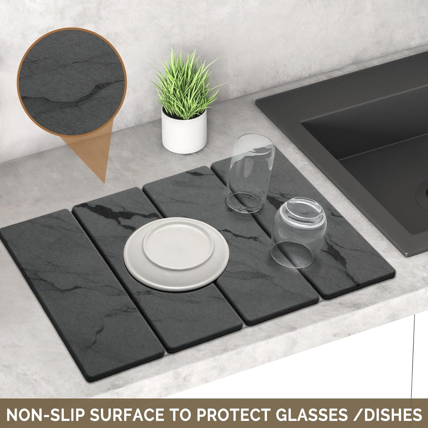 2 PCS Large Stone Dish Drying Mat for Kitchen Counter Quick Dry Stone Dishes Mats Marbled Water Absorbing Diatomaceous Earth Drying Pad for Countertop Bottles Utensils Cups (Dark gray 24"x16"&8"x4")