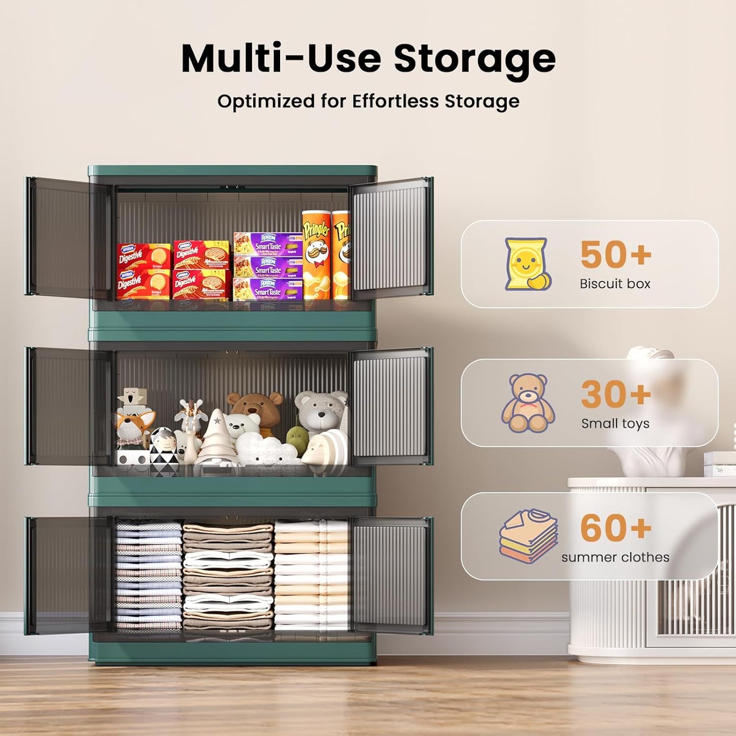 19Gal Collapsible Storage Bins with Lids & Wheels - 4 Pack Stackable with Doors, Heavy-Duty Plastic Containers for Home/Office, Green