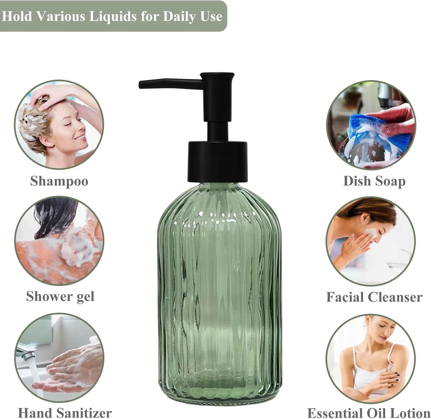 Green Glass Soap Dispenser with Black Plastic Pump, 13.5oz Refillable Liquid Hand Soap Dispenser, Lotion Dish Soap Dispenser for Modern Home Decor, Bathroom, Kitchen Countertop, Hotel