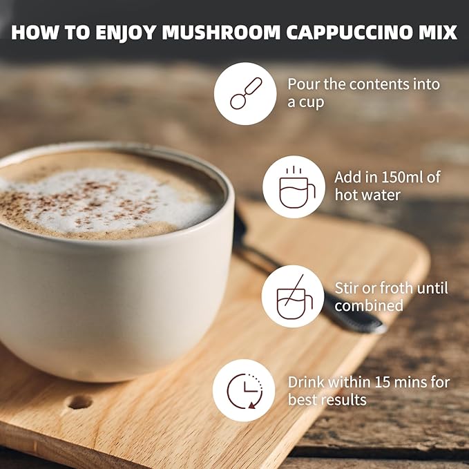 Mushroom Coffee Alternative Cappuccino Mix, Instant Superfood Coffee Drink with Reishi Mushroom Extract for Stress Relief, Immune Support, Smooth and Tasty, 11.1oz, 15 Count