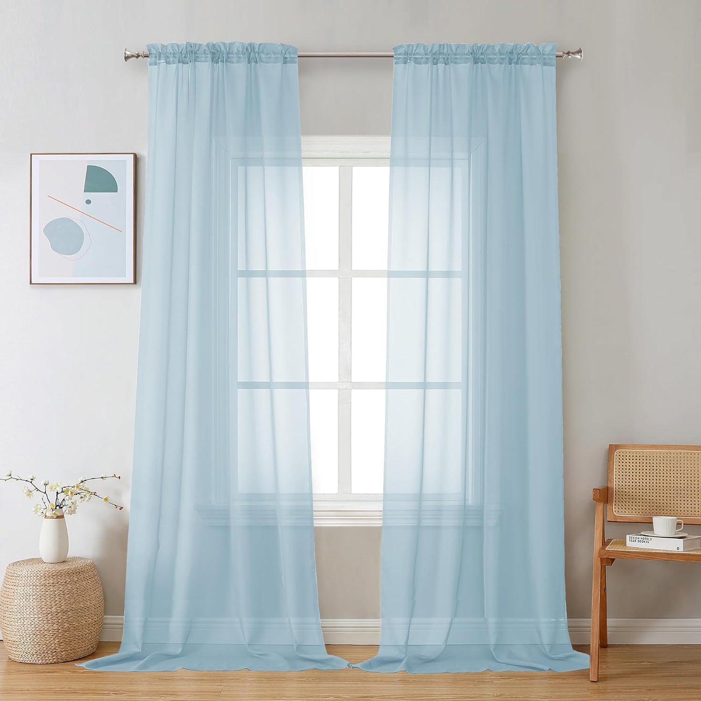 Chyhomenyc Sky Blue Sheer Curtains 96 inches Long 2 Panels, Light Filtering Light Blue Elegant Voile Window Treatment Drapes for Bedroom Living Room, Each 42 Wx96 L, 8FT