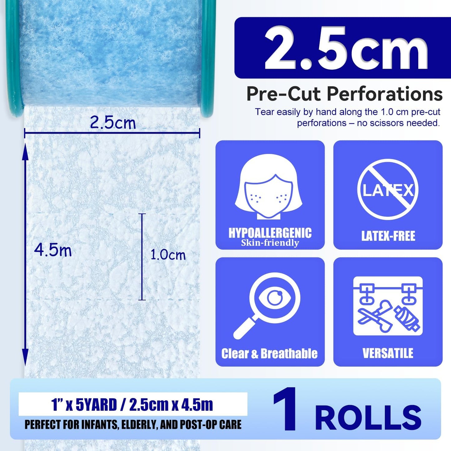 FRESINIDER Silicone Medical Tape – 1" x 5 Yard Blue 4 Rolls, Pre-Cut, Waterproof & Repositionable, Pain-Free Removal, Hypoallergenic Adhesive for Sensitive Skin, Wound Care & First Aid Use