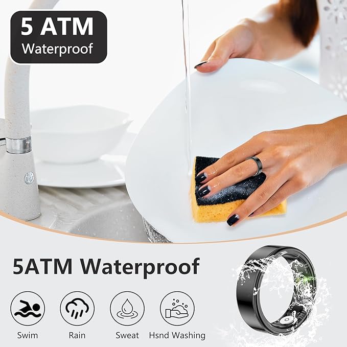 Thin Smart Ring for Fitness & Health Tracking -Heart Rate/Blood Oxygen Monitor, 5ATM Waterproof, Sleep Analysis, Pedometer -No APP Subscription Compatible with Smartphone (Black, 10)