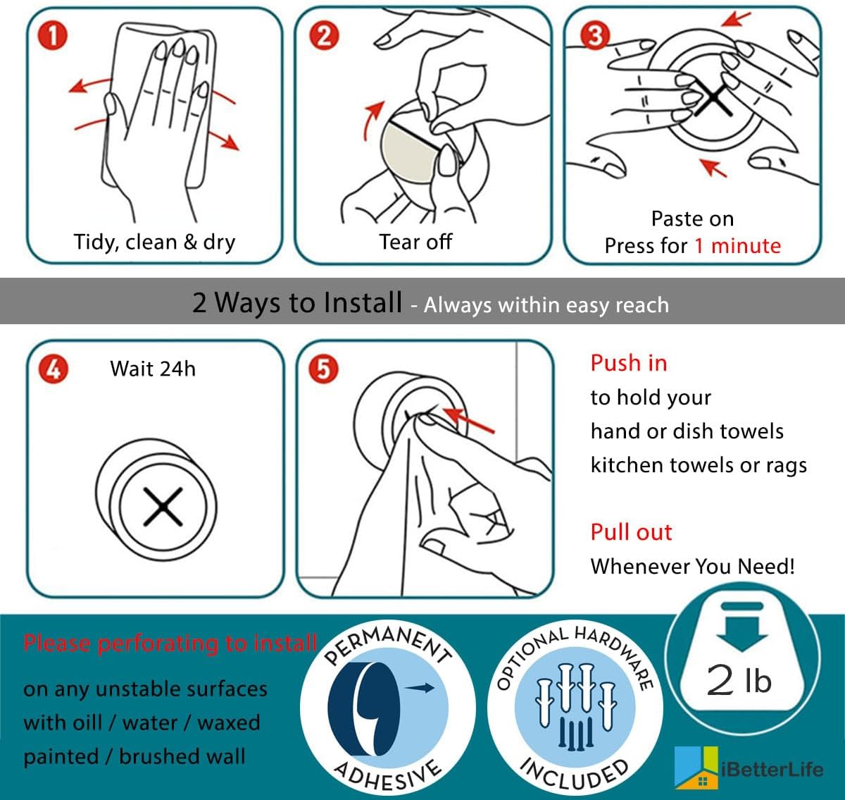 iBetterLife Adhesive Kitchen Towel Hooks - 4 Pack Dish Towel Holder for Cabinet, Push Hand Towel Hook, Dish Cloth Rag Holder for Home Bathrooms, Kitchens, Garages, RV, Within Easy Reach, Matte White