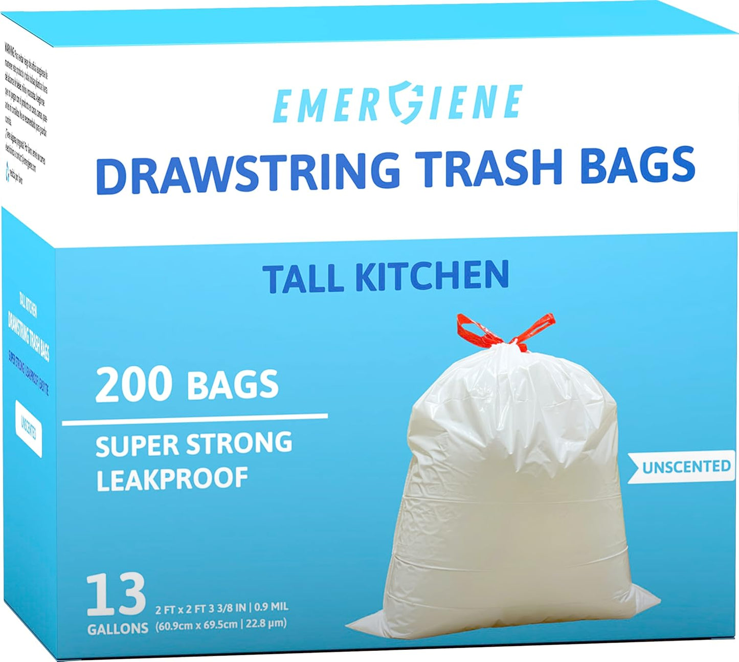 13 Gallon Drawstring Trash Bags, Unscented 200 Count Tall Kichen Garbage Bags, Pre-Separated, Ultral Strong, Leakproof, Sturdy, White