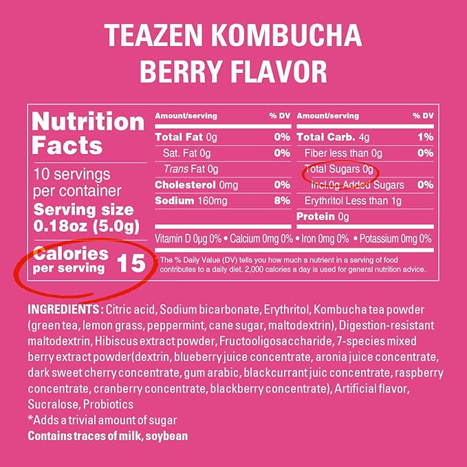TEAZEN Berry Kombucha Tea, Hydration Drink Mix, Sugar Free, Live Probiotics & Prebiotics, 10 Sticks, 1.76oz