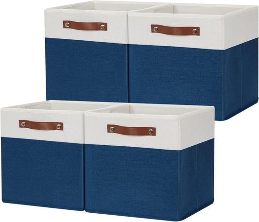 HNZIGE Cube Storage Baskets,Fabric Storage Cubes 12 x 12, Set of 4,Decorative Storage Baskets for Organizing with Handles,Blue Square Bins for Organizer Home Toy Nursery Closet(Blue White)