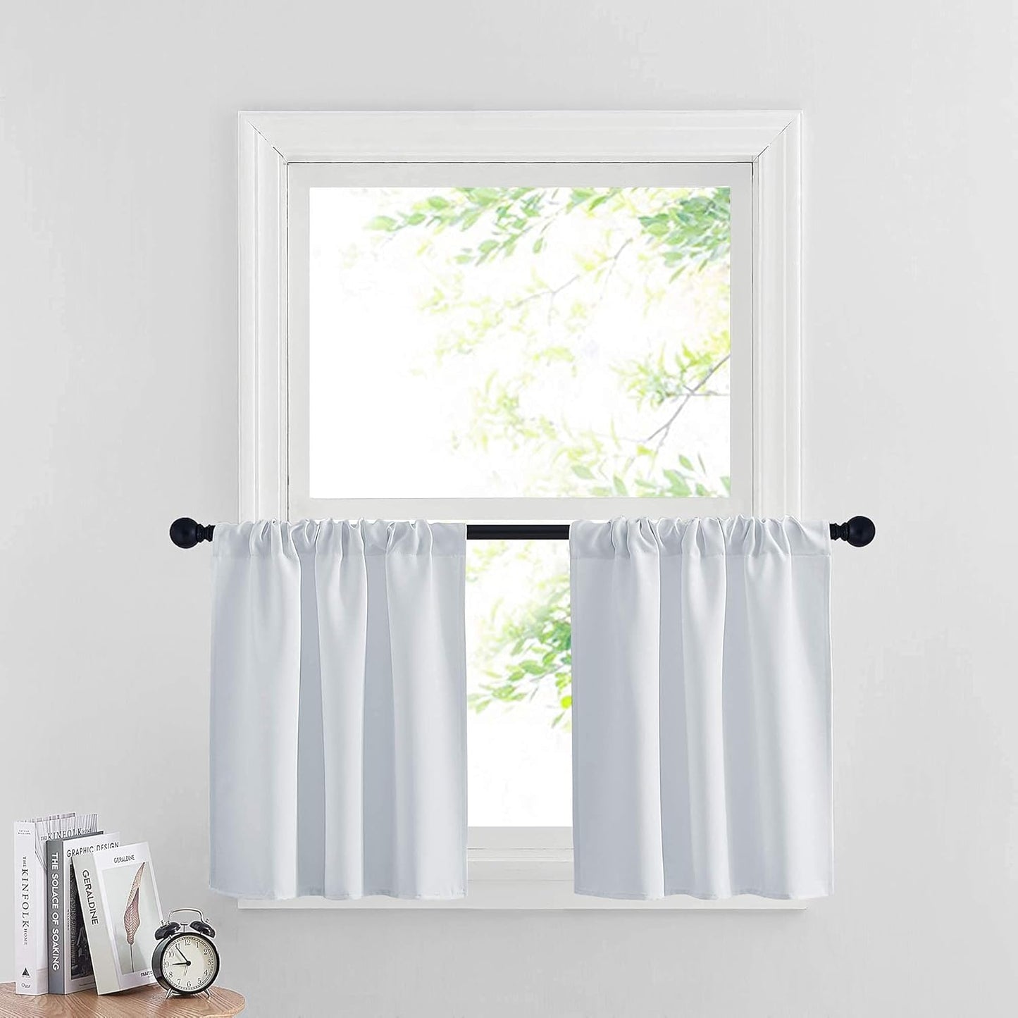 RYB HOME White Curtains for Small Window Energy Efficiency Room Darkening Curtains for Kids Nursery/Dining Room/Bathroom, W 29 x L 24 inch per Panel, Grayish White, 2 Panels