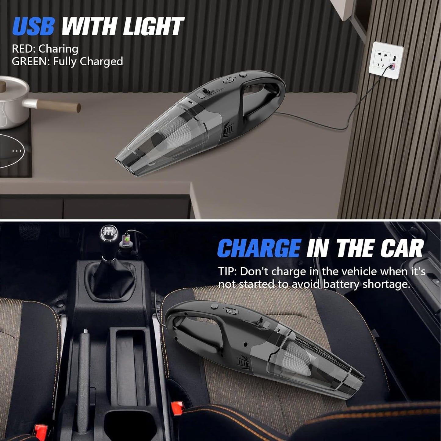 Handheld Vacuum Cordless Rechargeable 3-in-1, Car Vacuum Portable Cordless with USB Charge, Hand Vacuum with LED Light, HEPA Filter, 1.65LBs Lightweight Vacuum Cleaner for Dust, Pet Hair