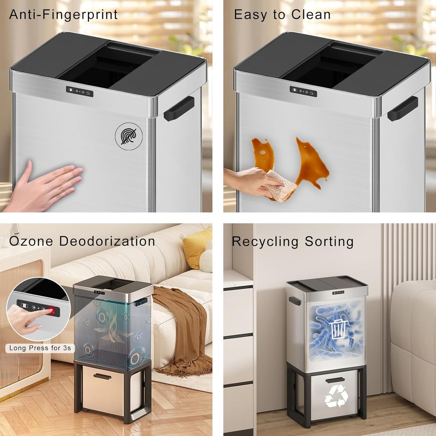 19 Gal Kitchen Automatic Motion Sensor Trash Can with 2 Recycling Dustbin(50L+22L),Ozone Odor Control Stainless Steel Garbage Can with Slide-Open Lid