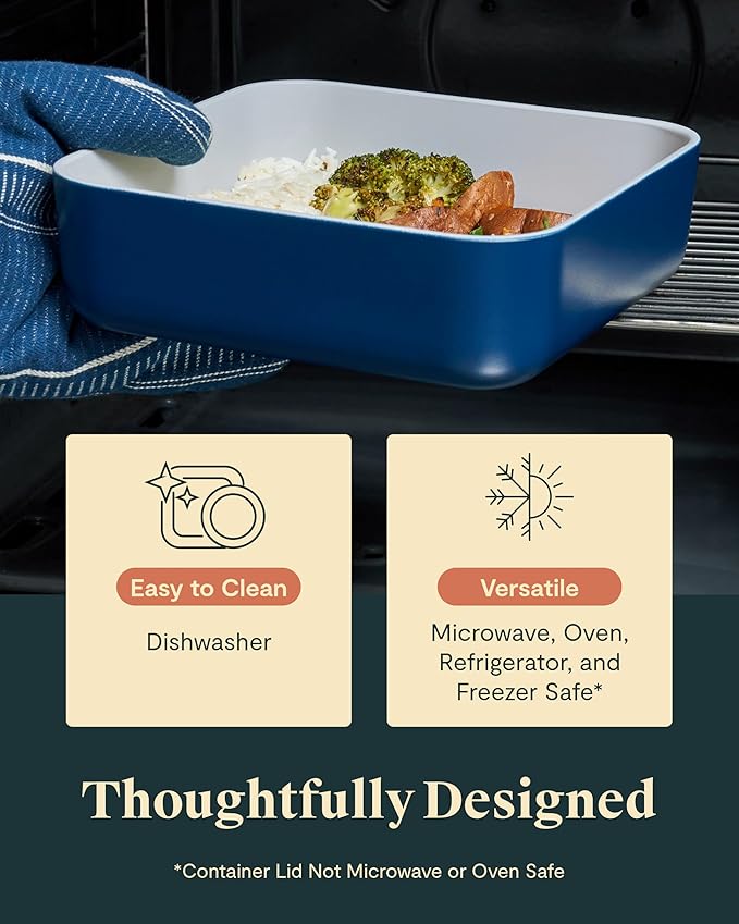 Caraway Glass Food Storage, 10 Cup Glass Container - Ceramic Coated Food Container - Non Stick Lunch Box Container with Glass Lids. Dishwasher, Oven, & Microwave Safe - Square Shape - Perracotta