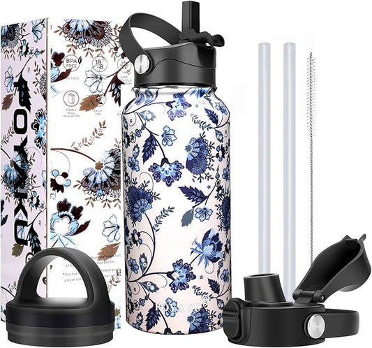 Water Bottle Insulated 32oz 40oz 64oz 128oz Straw Lid Spout Lid & 3 Lids, Leak Proof, Vacuum Insulated,Stainless Steel Water Bottle Wide Mouth for Sports, Gym or Office