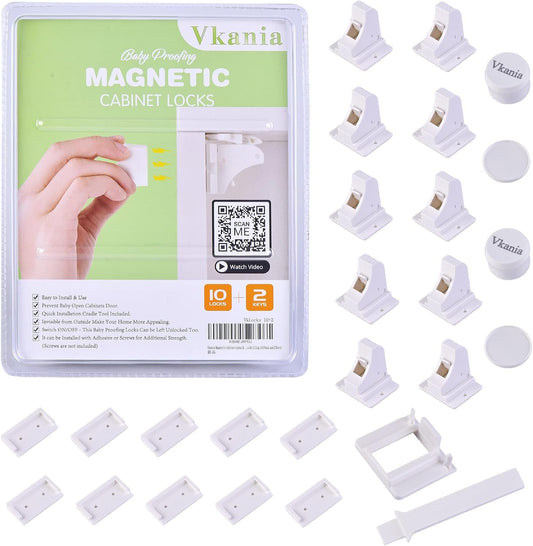 10 Pack Vkania Magnetic Cabinet Locks Baby Proofing - Baby Safety Latches for Drawers and Cabinets - Easy Installation No Drilling