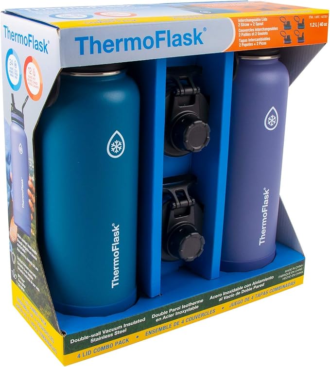 ThermoFlask Bottle with Spout Lid - Stainless Steel Water Bottles with Double-Wall Insulation & BPA-Free Spout Lids - Leak-Proof Reusable Bottles & Lids - 40 oz, Superior Blue / Mauve (2 Pack)