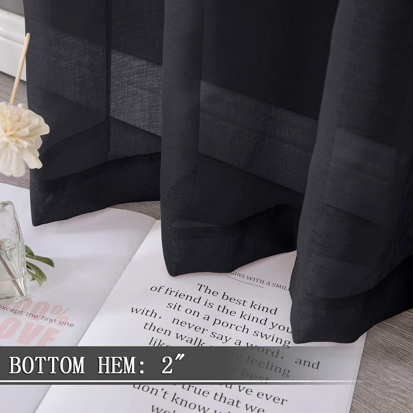 Tollpiz Short Sheer Curtain Linen Textured Living Room Curtains Sheer Light Filtering Rod Pocket Voile Curtain for Bedroom, 42 x 54 inches Long, Black, Set of 2 Panels