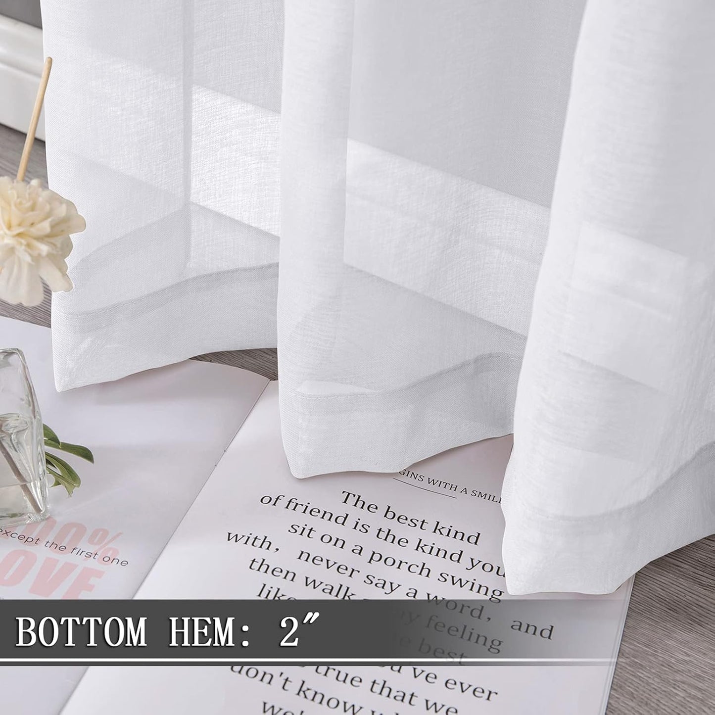 Tollpiz Sheer Curtains Linen Textured Bedroom Curtain Sheers Light Filtering Rod Pocket Voile Curtains for Living Room, 54 x 63 inches Long, White, Set of 2 Panels