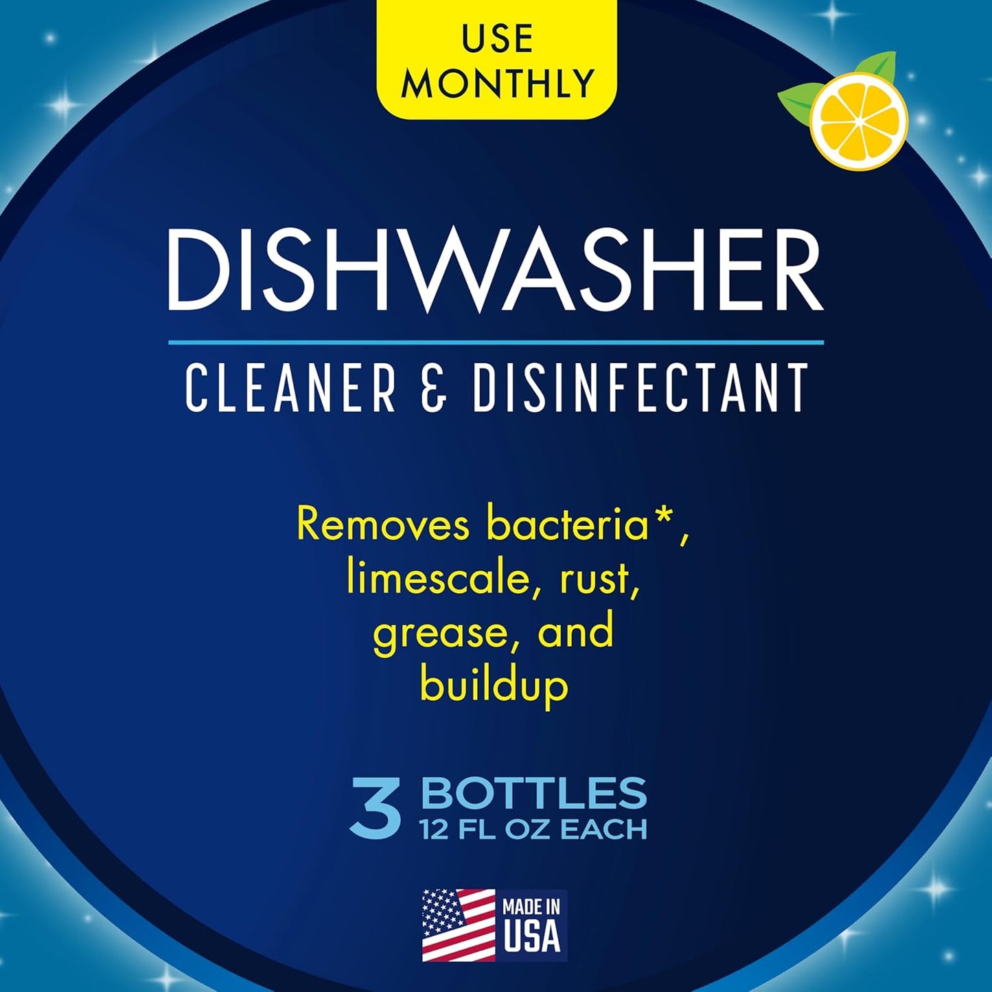 Glisten Dishwasher Cleaner, Removes Limescale, Rust, Buildup, and Grease, Lemon Scent, Made in the USA, 12 Ounce Bottle, 3-Pack